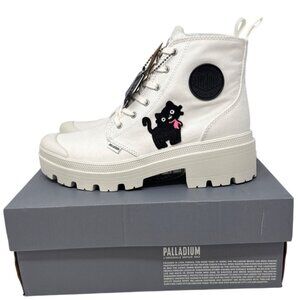 Palladium Pampa Hi Star White Canvas Boots W/ Embroidered Cat & Butterfly Appliq